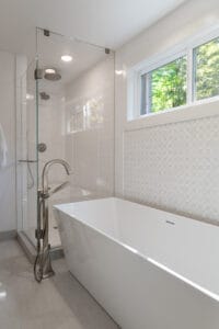 monochromatic primary bathroom remodel
