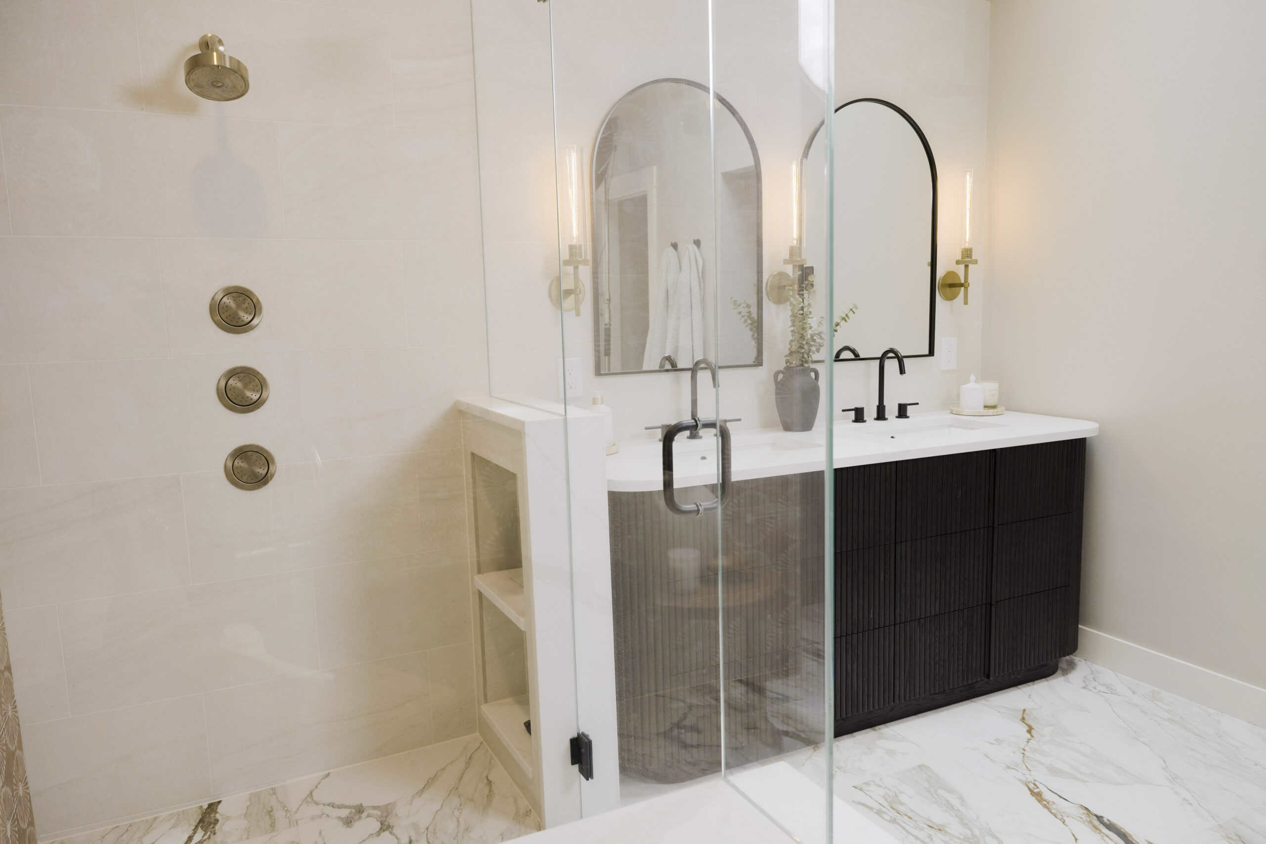 remodeled modern primary bathroom
