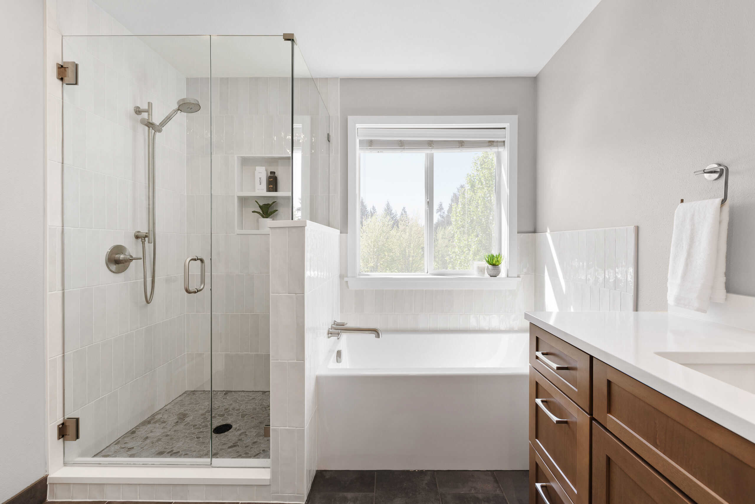 remodeled modern primary bathroom