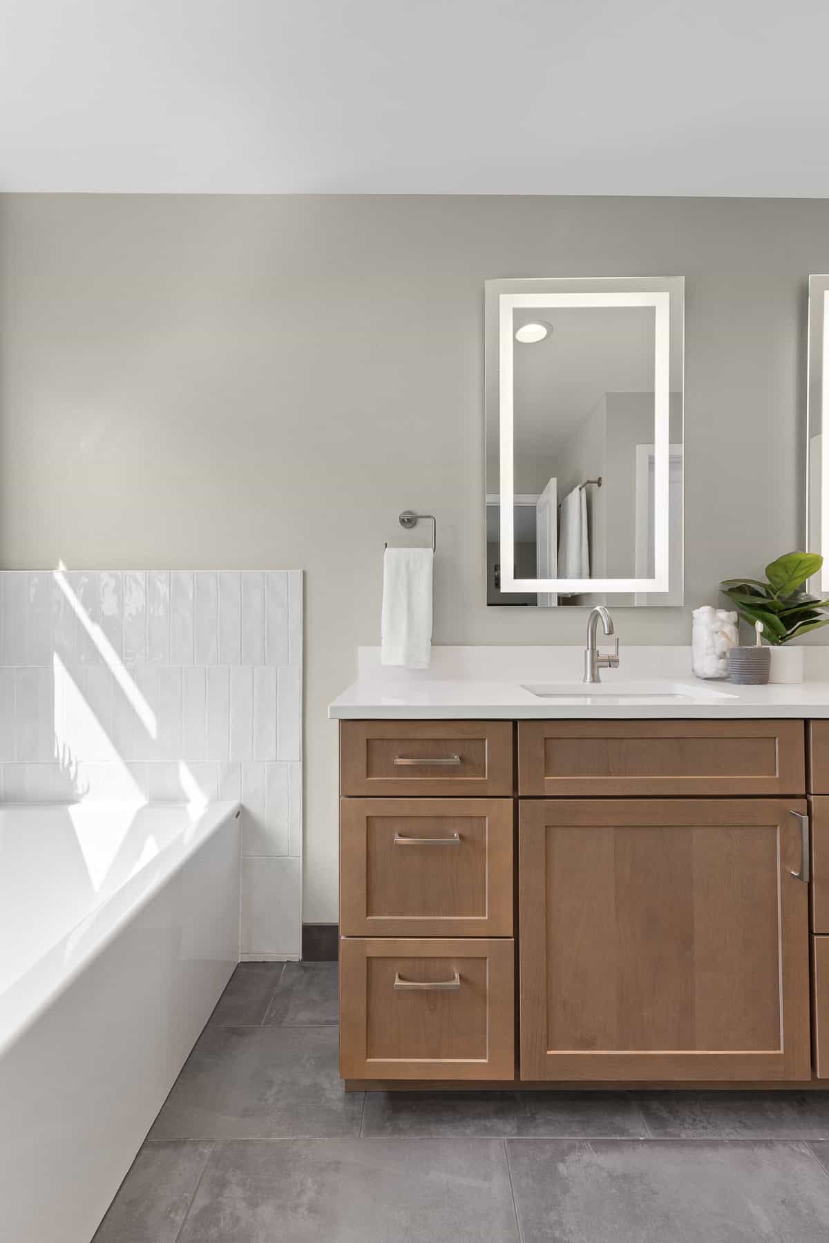 remodeled modern primary bathroom