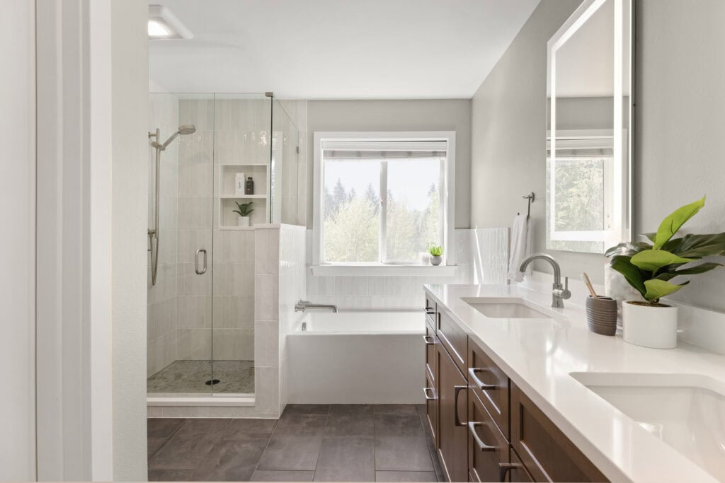 remodeled modern primary bathroom